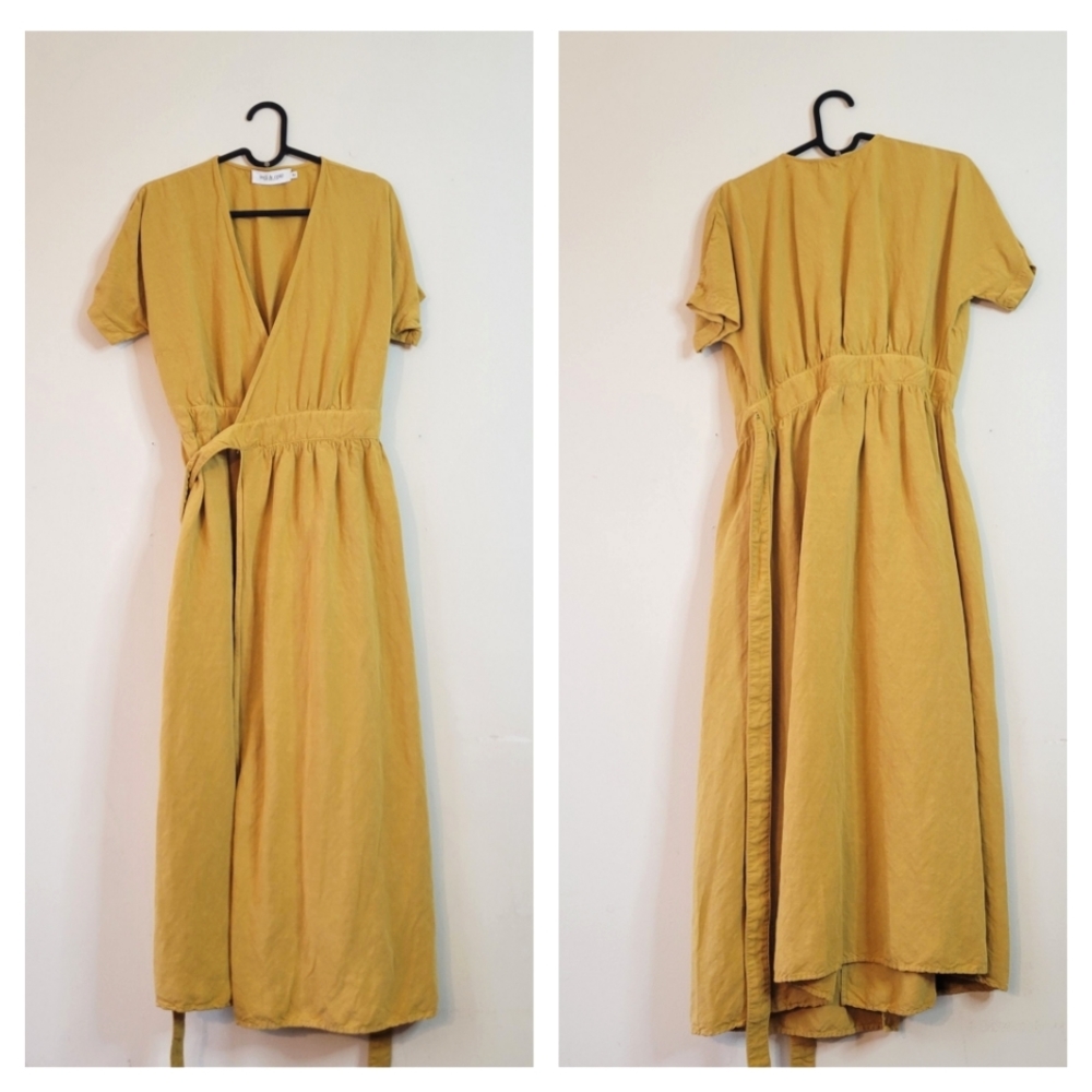 Indi & Cold San Sebastian Linen Blend Midi Wrap Dress Mustard Medium